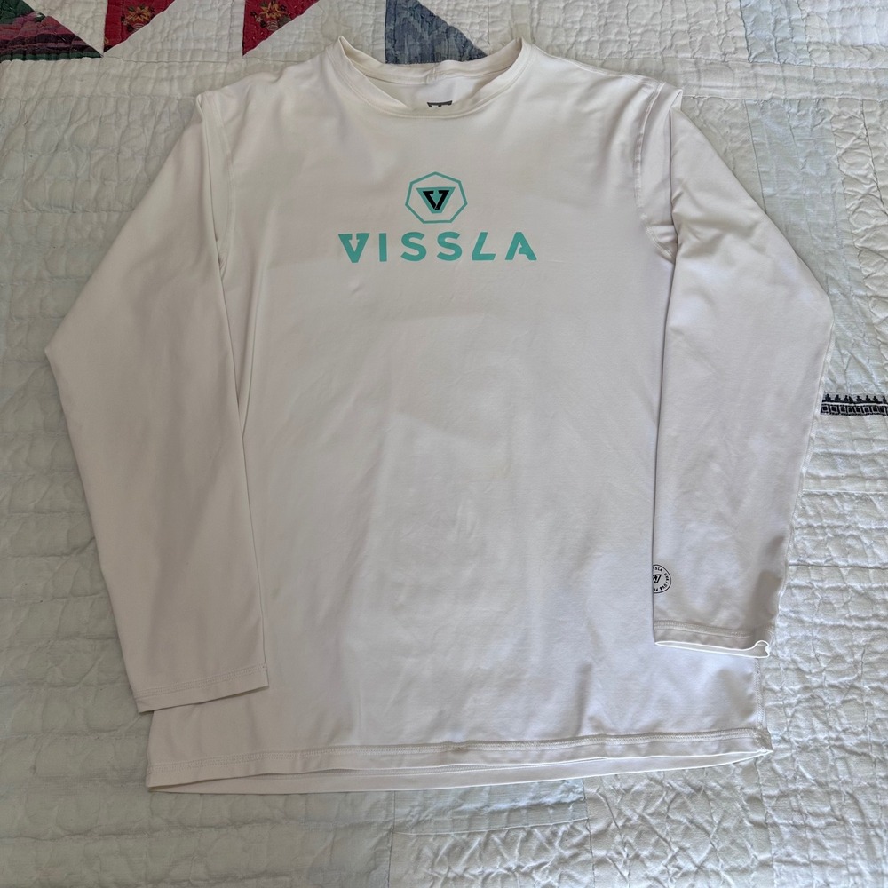 Vissla Rash Guard Long Sleeve White Teal Logo Men's Large Sun Protection
